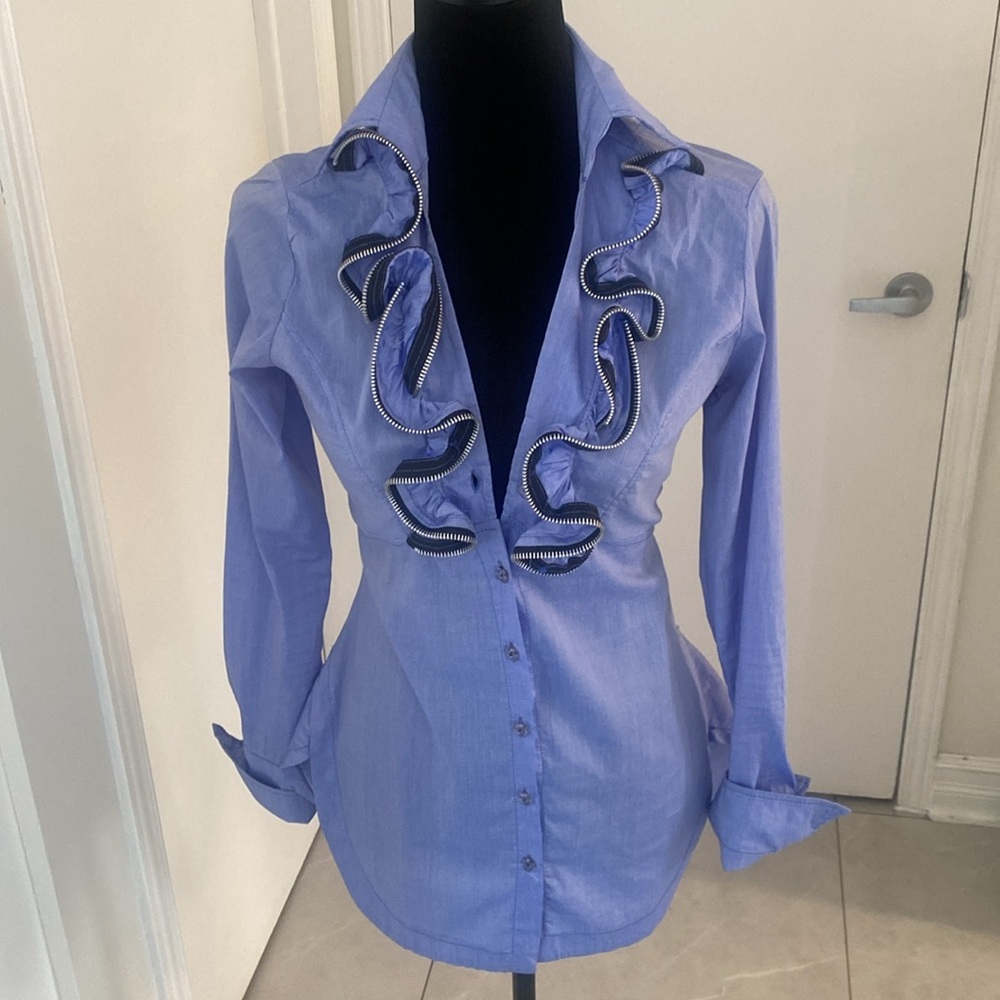 Les Chineuses Paris Women's Blue Ruffled Button-Up Blouse Size XX-Small - Picture 3 of 13